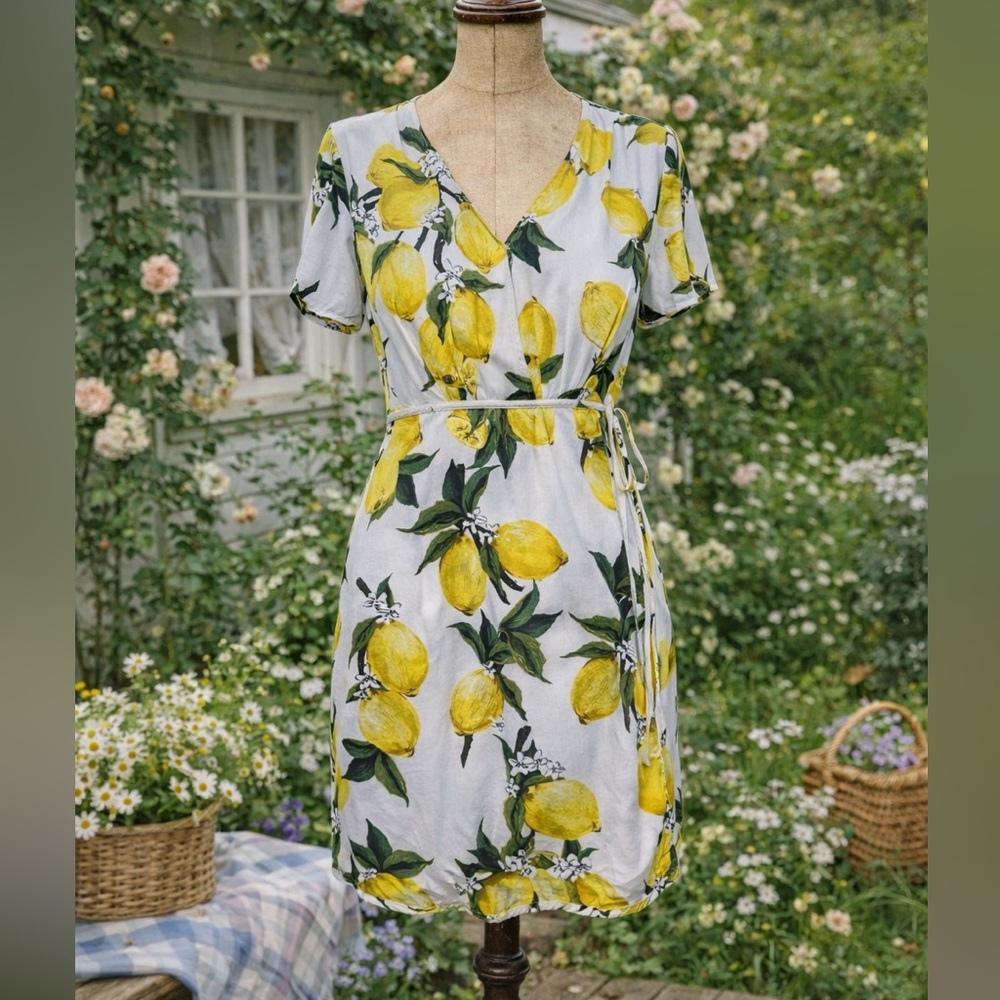 Olivia + James Lemon Print 🍋Fruit, White Mini Wrap Dress